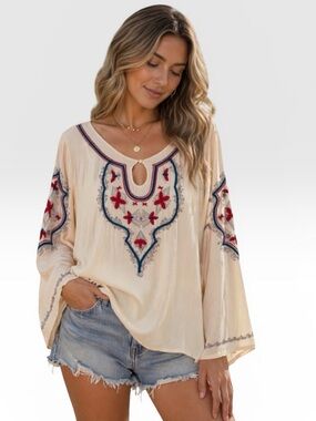 Live and Let Live Boho Embroidered Peasant Top
Cream Red Teal Flowy Blouse